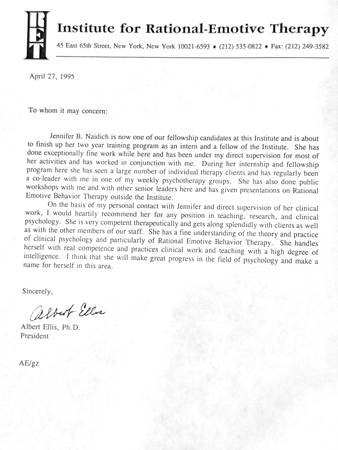 Letter of recommendation from Dr. Albert Ellis, dated April 27, 1995